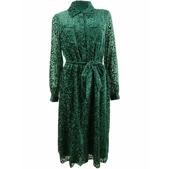 Alfani Velvet Burnout Belted Shirtdress Emerald - Picture 2 of 5